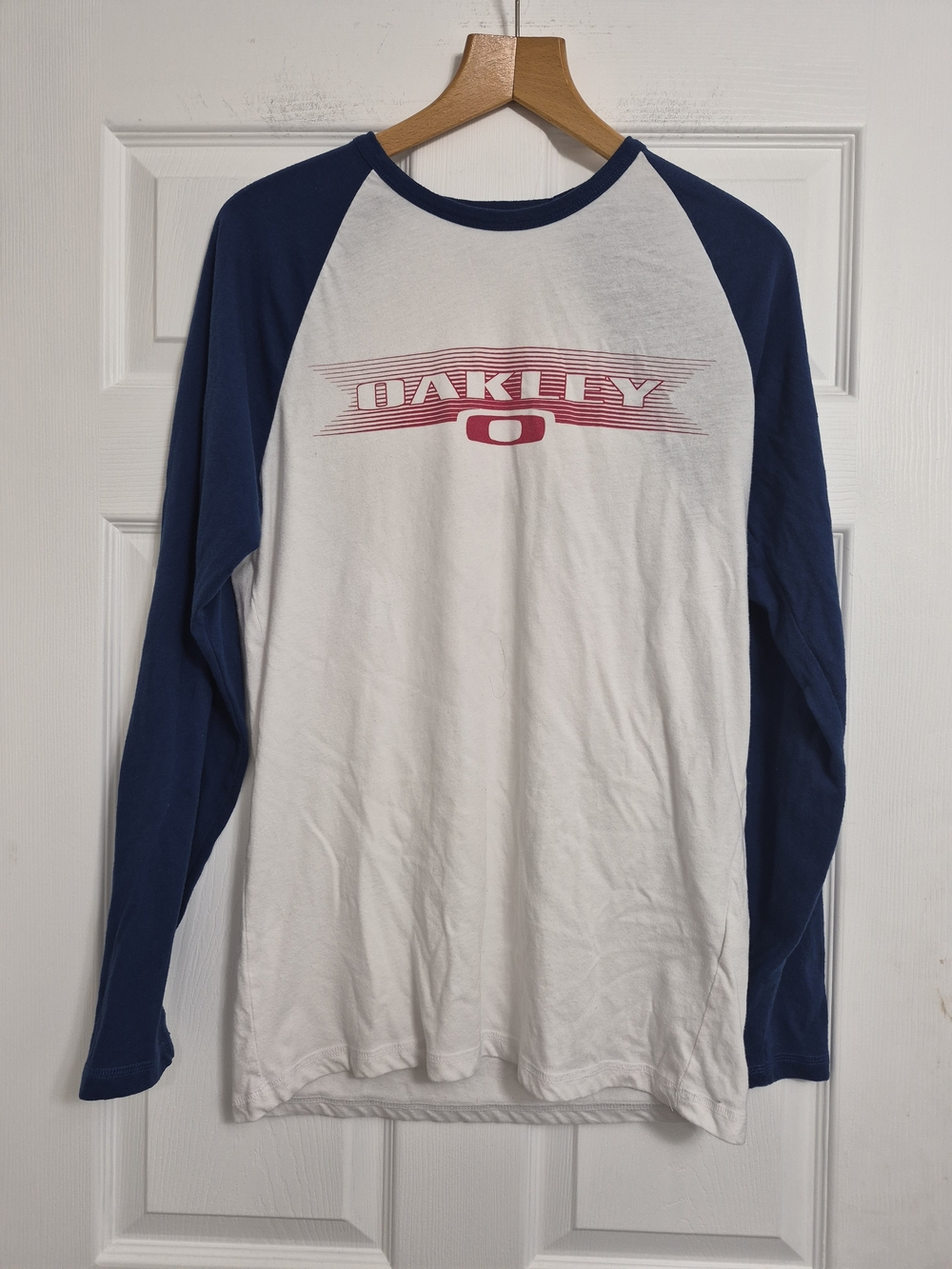 Oakley White and Navy Long-Sleeve Raglan Graphic Tee